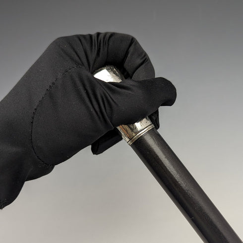 1920 British antique gentleman's walking stick, pure silver engraving, round handle, black shaft, 91.5cm